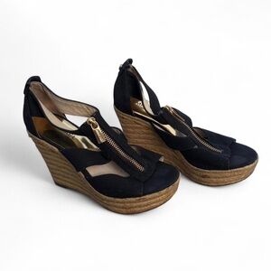 Michael Kors Black Espadrille Wedge Sandals with Gold Zip